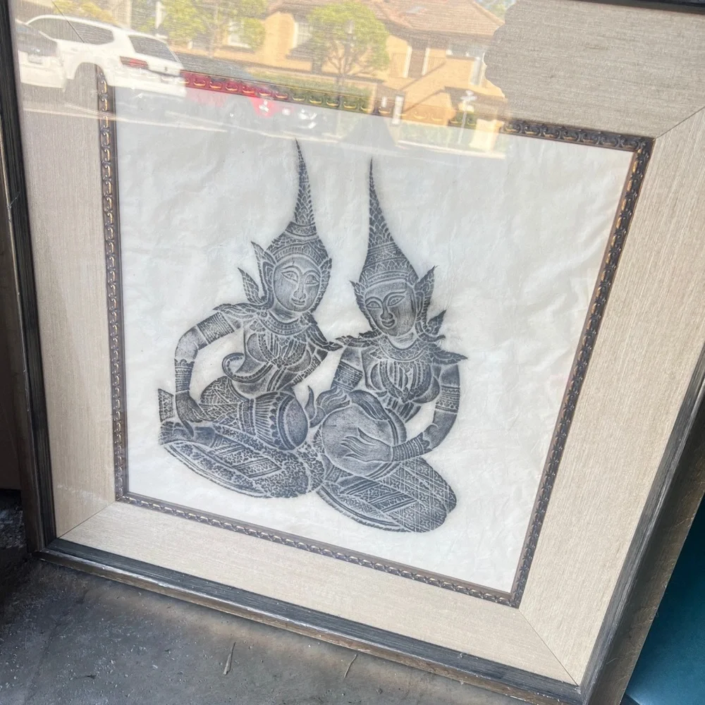 Mid Century Blue Thai Temple Rubbing Rice Paper Art Buddha 22x25 FRAME‎ 2 Set